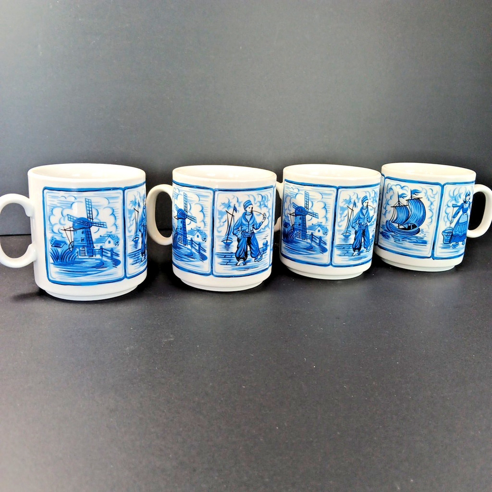 4 X Vintage Delft I.S. Blue Dutch Scenes Mugs Seltmann Weiden West Germany